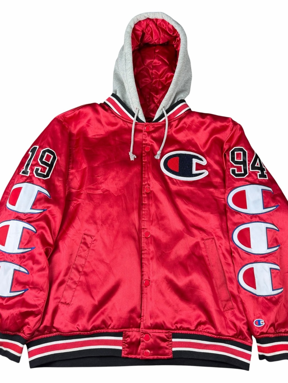 Supreme x Champion Hooded Satin Varsity Jacket Red FW18 Adult Size Large L Rare